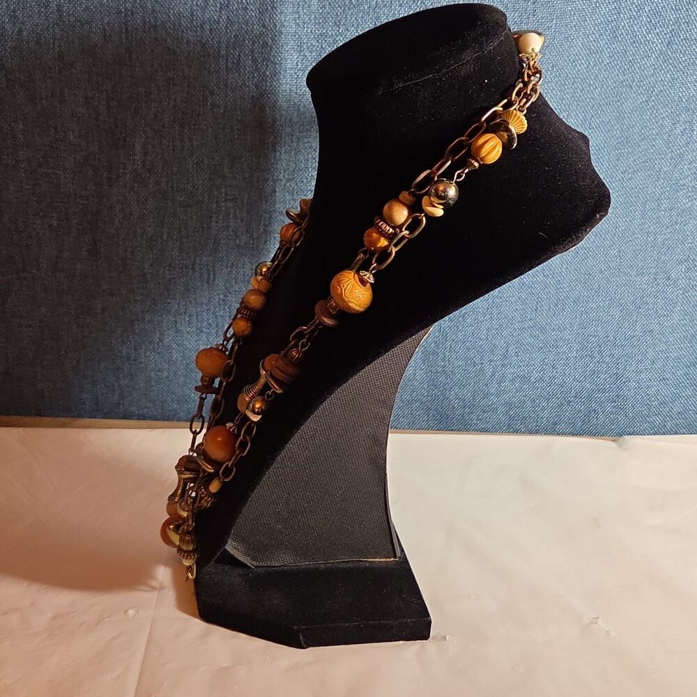 Earth Tone Bead Coppertone Chain Necklace Boho 70s Vibe - Picture 3 of 16